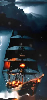 Ship navigating a stormy night with lightning and glowing lights.