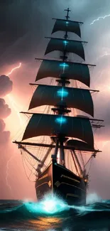 Ship sailing through a storm with lightning, creating a dramatic ocean scene.