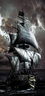 A sailing ship navigating through a stormy sea with dramatic lightning.