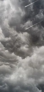 Dramatic storm clouds with meteors streaking through the sky.