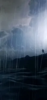 Lone figure on a hill in a stormy night scene with rain.