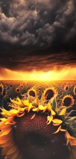 Dramatic sunflower field under a stormy sky, perfect for nature-themed wallpapers.