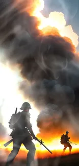 Silhouetted soldiers with dramatic fiery sunset clouds in the background.