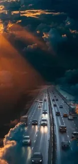 Highway through dramatic sunset clouds.