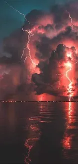 Dramatic sunset with lightning and clouds reflecting over water.