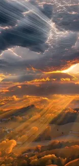 Dramatic sunset casting golden rays over clouds.