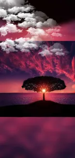 Vivid sunset with silhouette tree against a crimson sky and ocean view.