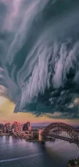 Dramatic storm clouds over Sydney skyline and harbor.