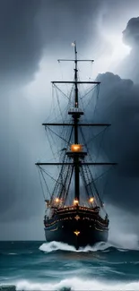 Tall ship sails through stormy seas with dramatic skies.