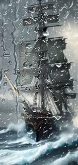 Majestic tall ship sailing through stormy seas with striking lightning and dark clouds.