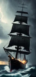 Majestic tall ship braving a storm with lightning and dark clouds.