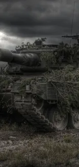 Dramatic military tank under a stormy sky.