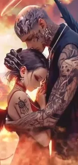 Tattooed couple embracing in fiery art scene.