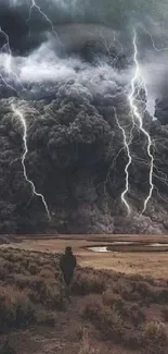 Dramatic thunderstorm with lightning over an open field.