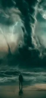 Person stands before a dramatic ocean storm under a lightning-lit sky.