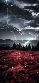 Dramatic lightning storm over red landscape.