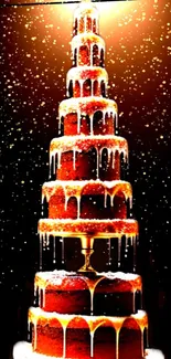 Seven-tiered cake with dramatic lighting and golden tones in artistic wallpaper.