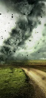 Dramatic tornado swirls over a rural green road.