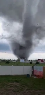 Dramatic tornado funnel over a rural landscape with swirling clouds.