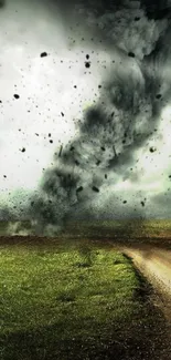 Dramatic tornado storm over a green field, showcasing a swirling vortex.