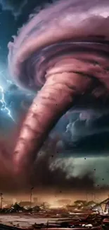 Dramatic tornado storm with a swirling vortex and vivid lightning.