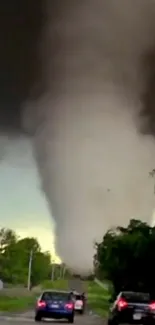 Towering tornado in dramatic stormy sky.