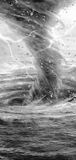 Black and white tornado swirling over the ocean with lightning in the background.