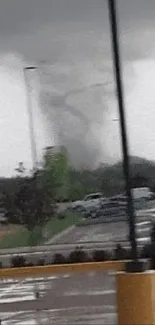 Dramatic tornado swirling under a gray cloudy sky scene.