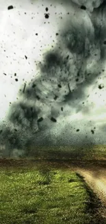 Tornado swirls through grassland, ominous sky overhead.