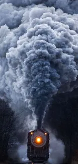 Vintage steam train with dramatic smoke in a twilight forest.