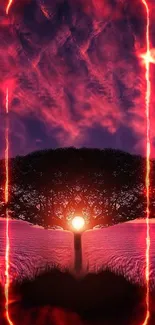 Silhouette of a tree against a crimson sunset with fiery accents.