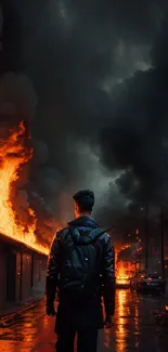 A person stands before an intense fire with dark smoke in an urban street at night.