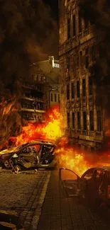 Dramatic urban fire scene with burning buildings and cars.