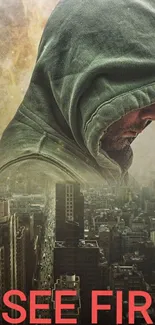 Hooded figure above a burning city skyline.