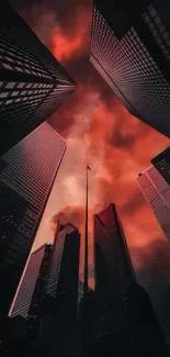 Tall skyscrapers with a dramatic red sky at sunset.