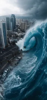 Massive tsunami wave hitting city buildings at coastline.