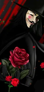 Masked figure with red roses against a dark background wallpaper.