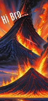 Vibrant volcano eruption artwork with fiery lava and dramatic skies.