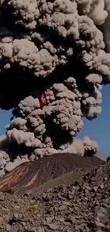 Erupting volcano with thick smoke.
