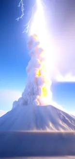 Stunning blue sky with lightning striking a smoking volcano in this mobile wallpaper.