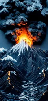 Artistic depiction of a volcano erupting with fiery lava and dark smoke.