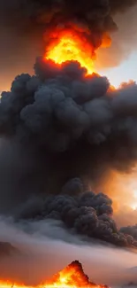 Dramatic scene of a volcanic eruption with lava and smoke.