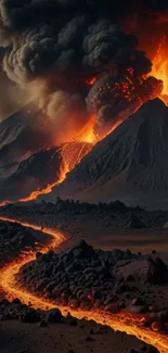 Volcano eruption with flowing lava and smoky clouds