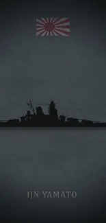 Silhouette of IJN Yamato battleship against dark background with rising sun flag.