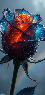 Dramatic rose with water droplets and rainbow background