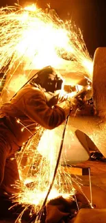 Welder creating vibrant sparks as industrial art.