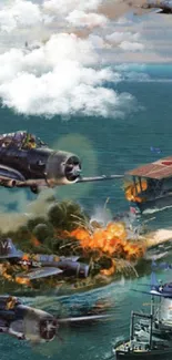 Dramatic WWII air battle scene over the ocean with warplanes and explosions.