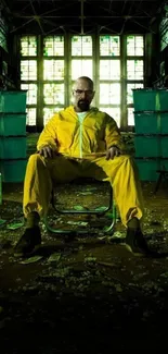 Yellow-suited character in dramatic, industrial setting on phone wallpaper.