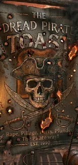 Fiery pirate skull with crossed swords on dark background.