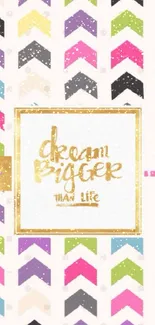 Chevron wallpaper with 'Dream Bigger Than Life' quote.